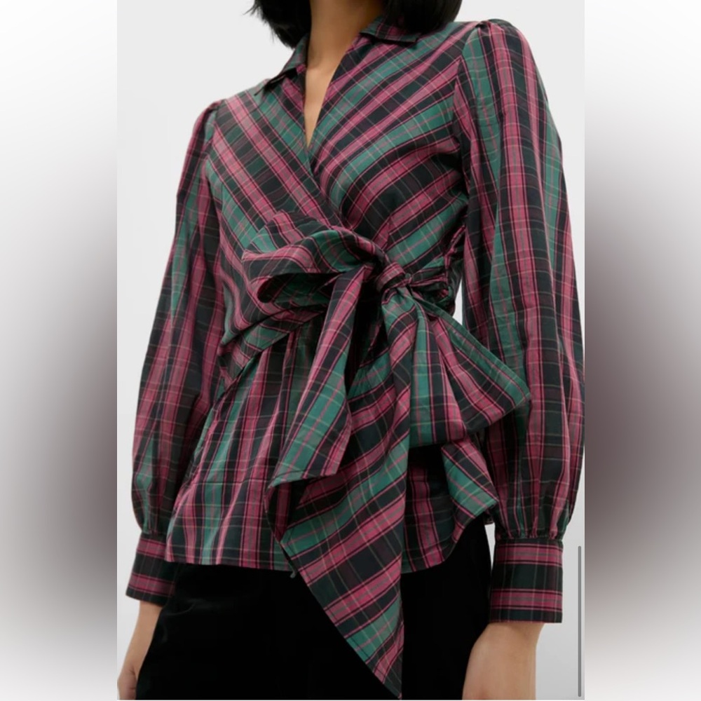 NWT TUCKERNUCK Tartan Tie Front Bow Bea Blouse Women’s Medium 5550 - Picture 5 of 12